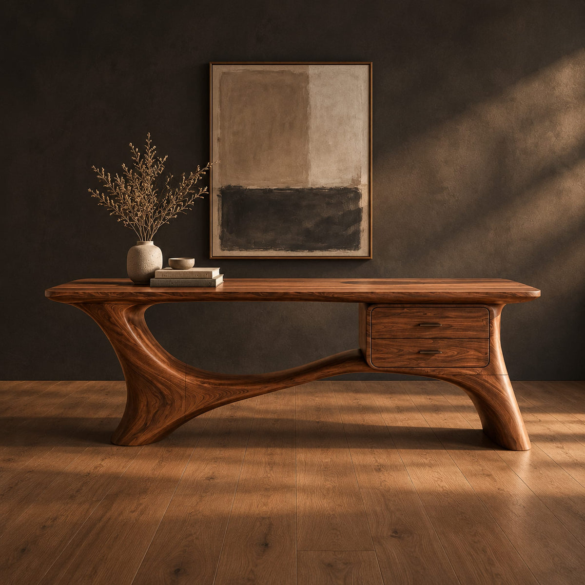 Long desk with sculpted swooping legs and a two drawer unit under the top in a dark studio against a charcoal plaster wall