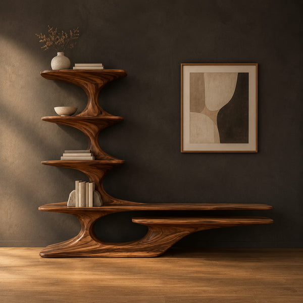 Sculpted TV Stand With Stacked Shelf Tower And Long Low Ledge