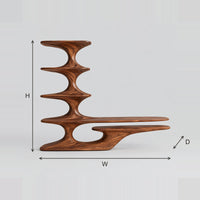 Sculpted TV Stand With Stacked Shelf Tower And Long Low Ledge dimension diagram with width, height and depth