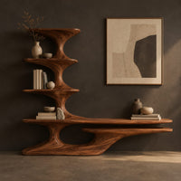 Corner detail of sculpted tv stand with a stacked shelf tower and a long low ledge beside wood, brass and linen samples