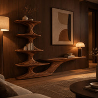 Sculpted tv stand with a stacked shelf tower and a long low ledge in an evening living room with walnut wall paneling