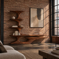 Sculpted tv stand with a stacked shelf tower and a long low ledge in an industrial loft living room with exposed brick