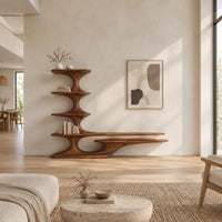 Sculpted tv stand with a stacked shelf tower and a long low ledge in a bright open plan living room