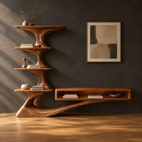 Tv stand with a tiered shelf tower and a long low open shelf in a dark studio against a charcoal plaster wall