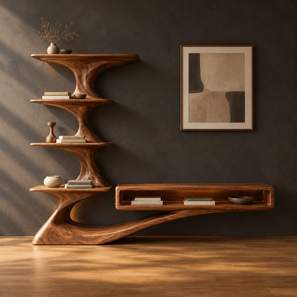 Sculpted TV Stand With Tiered Shelf Tower And Low Open Media Shelf