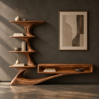 Corner detail of tv stand with a tiered shelf tower and a long low open shelf beside wood, brass and linen samples