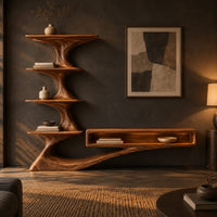Tv stand with a tiered shelf tower and a long low open shelf in a dark living room at golden hour