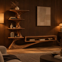 Tv stand with a tiered shelf tower and a long low open shelf in an evening living room with walnut wall paneling