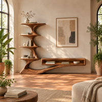 Tv stand with a tiered shelf tower and a long low open shelf in a bright living room with arched windows and plants