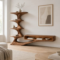 Tv stand with a tiered shelf tower and a long low open shelf in a Scandinavian living room with white walls
