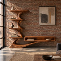Tv stand with a tiered shelf tower and a long low open shelf in an industrial loft living room with exposed brick