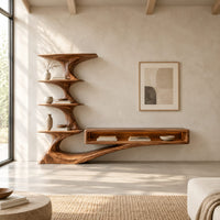 Tv stand with a tiered shelf tower and a long low open shelf in a bright open plan living room