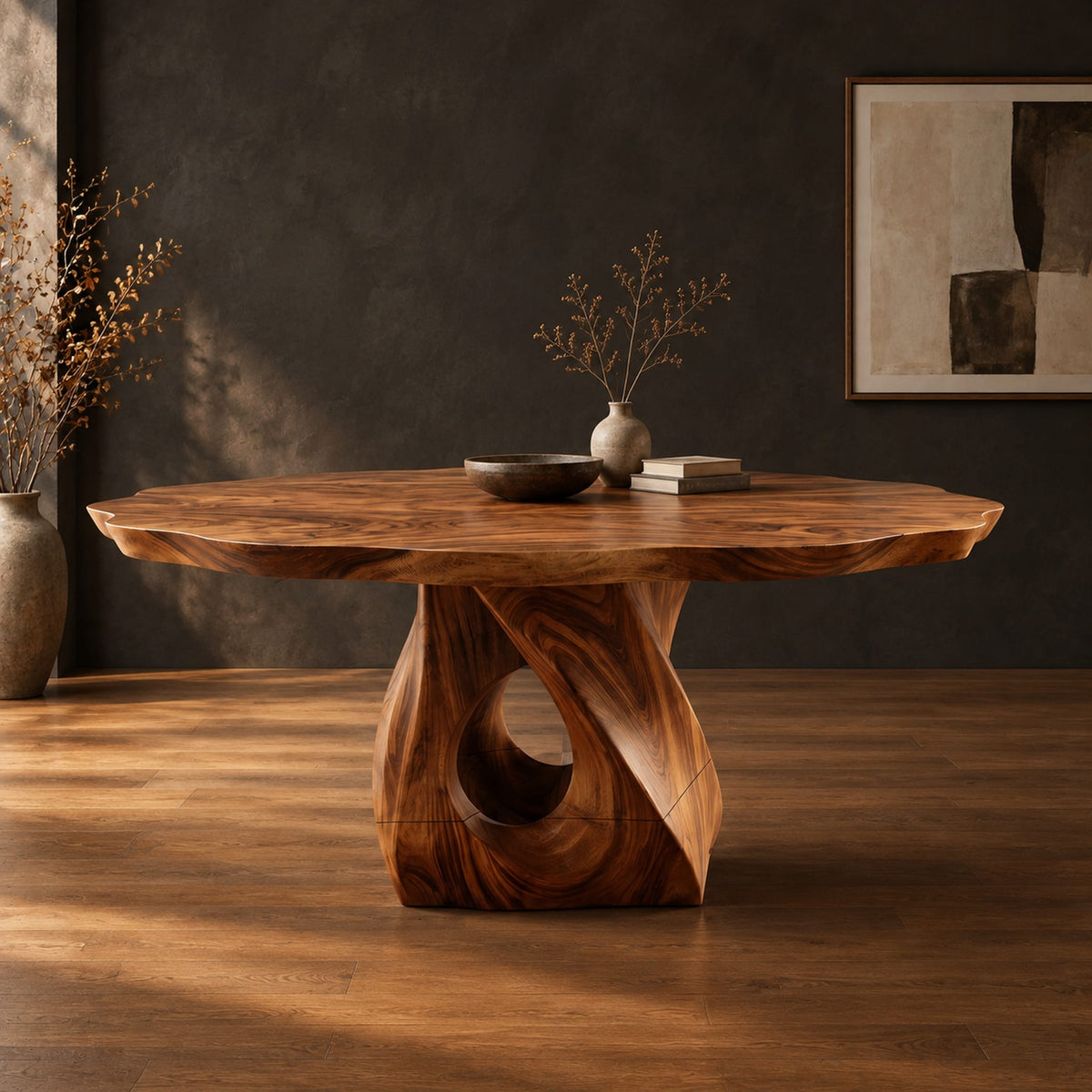 Dining table with a twisted pedestal base and a softly waved edge top in a dark studio against a charcoal plaster wall