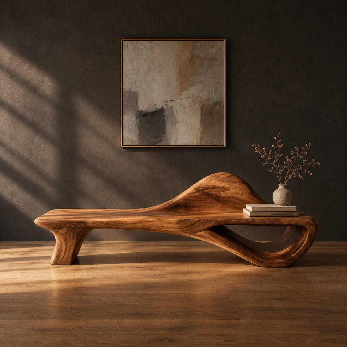Low bench with a raised wave at one end and an open loop base in a dark studio against a charcoal plaster wall