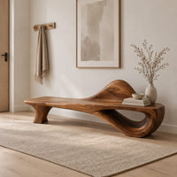 Low bench with a raised wave at one end and an open loop base in a Scandinavian entryway with white walls