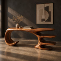 Desk with a large curled leg and stacked shelf tiers at the opposite end, three-quarter view showing the grain