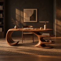 Desk with a large curled leg and stacked shelf tiers at the opposite end in a dark home office at golden hour
