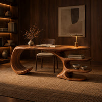 Desk with a large curled leg and stacked shelf tiers at the opposite end in an evening home office with walnut wall paneling