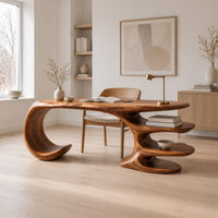 Desk with a large curled leg and stacked shelf tiers at the opposite end in a Scandinavian home office with white walls