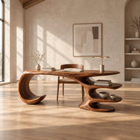 Desk with a large curled leg and stacked shelf tiers at the opposite end in a bright open plan home office