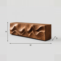 Sculpted Wave Relief Sideboard, Long Low Solid Wood Cabinet dimension diagram with width, height and depth