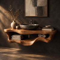 Floating bathroom vanity with a thick slab top and a wavy open shelf below, three-quarter view showing the grain