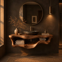 Floating bathroom vanity with a thick slab top and a wavy open shelf below in a dark bathroom at golden hour