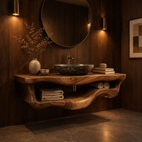Floating bathroom vanity with a thick slab top and a wavy open shelf below in an evening bathroom with walnut wall paneling