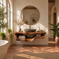 Floating bathroom vanity with a thick slab top and a wavy open shelf below in a bright bathroom with arched windows and plants