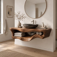 Floating bathroom vanity with a thick slab top and a wavy open shelf below in a Scandinavian bathroom with white walls