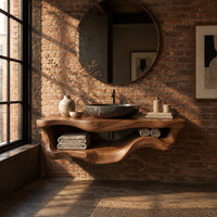 Floating bathroom vanity with a thick slab top and a wavy open shelf below in an industrial loft bathroom with exposed brick