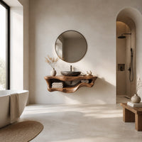 Floating bathroom vanity with a thick slab top and a wavy open shelf below in a bright open plan bathroom