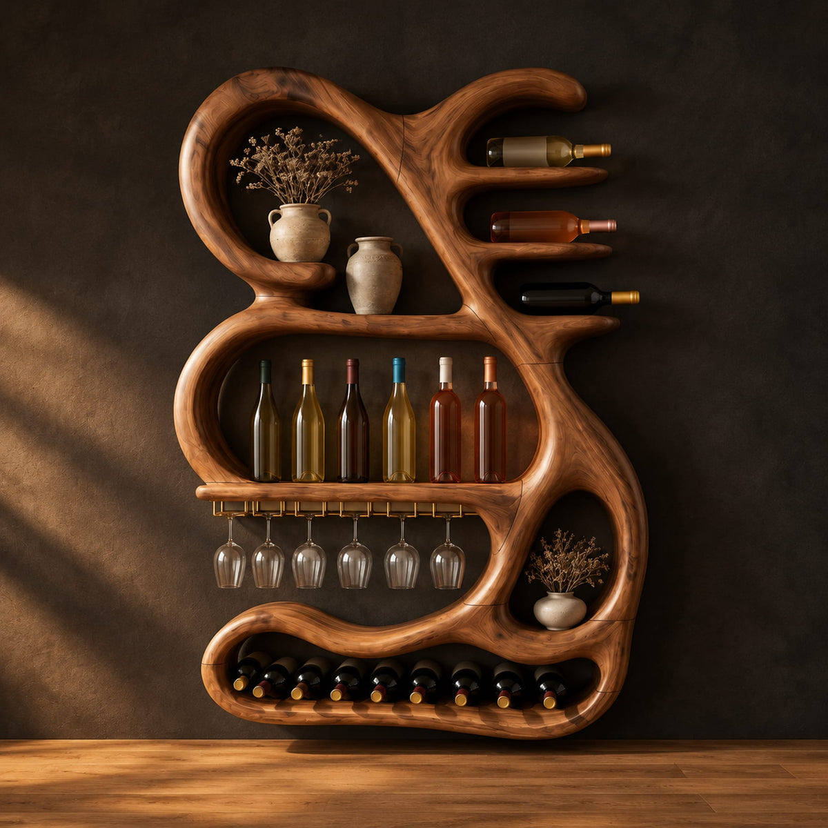 Sculpted wine rack with a looping frame, glass rail and bottle arms in a dark studio against a charcoal plaster wall