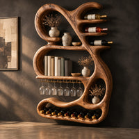 Sculpted wine rack with a looping frame, glass rail and bottle arms, three-quarter view showing the grain