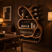 Sculpted wine rack with a looping frame, glass rail and bottle arms in an evening dining room with walnut wall paneling