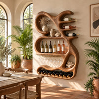 Sculpted wine rack with a looping frame, glass rail and bottle arms in a bright dining room with arched windows and plants