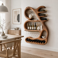Sculpted wine rack with a looping frame, glass rail and bottle arms in a Scandinavian dining room with white walls