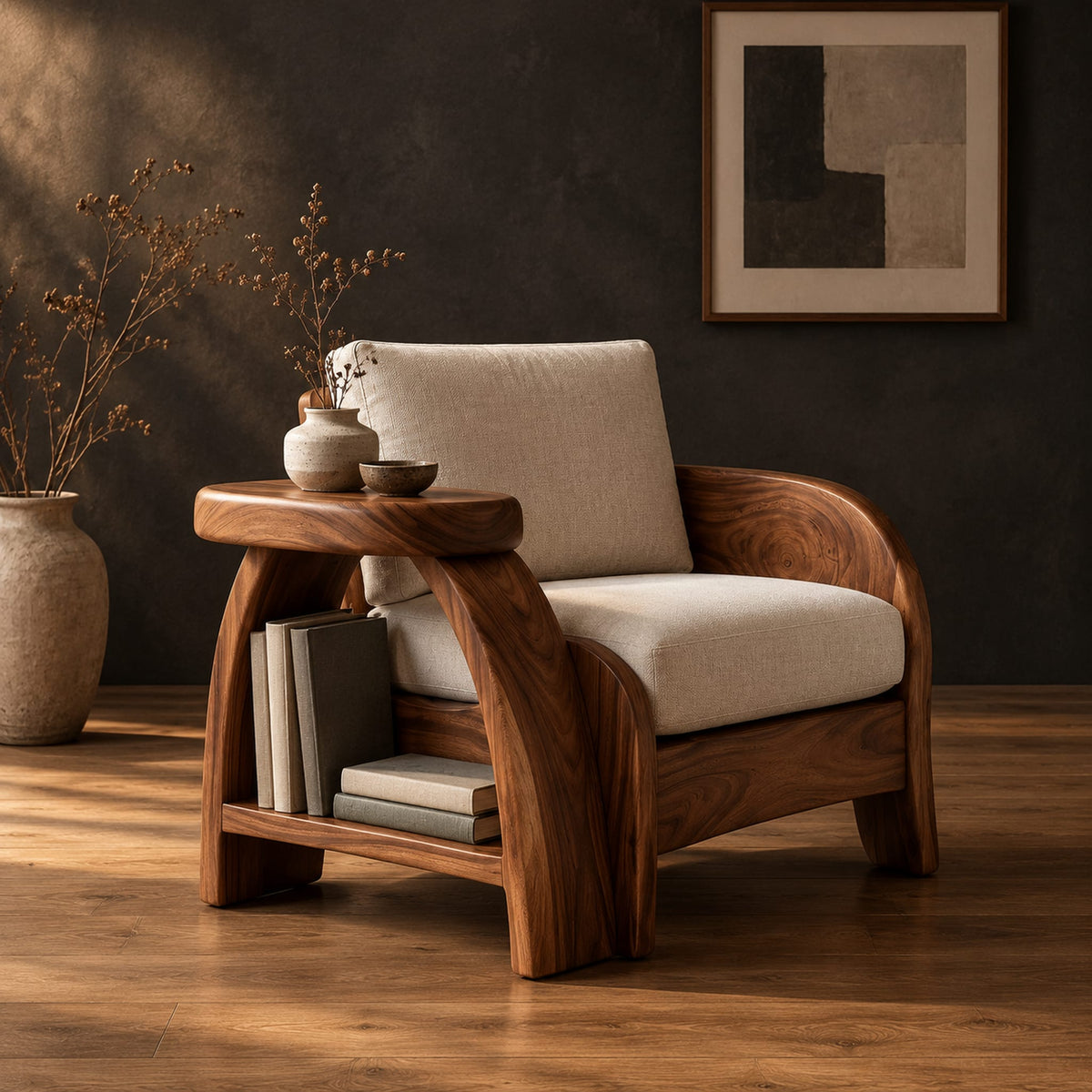 Sculpted wood chair with an oval arm ledge and a cream seat cushion in a dark studio against a charcoal plaster wall
