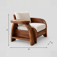 Sculpted Wood Chair With Oval Arm Ledge And Book Shelf dimension diagram with width, height and depth