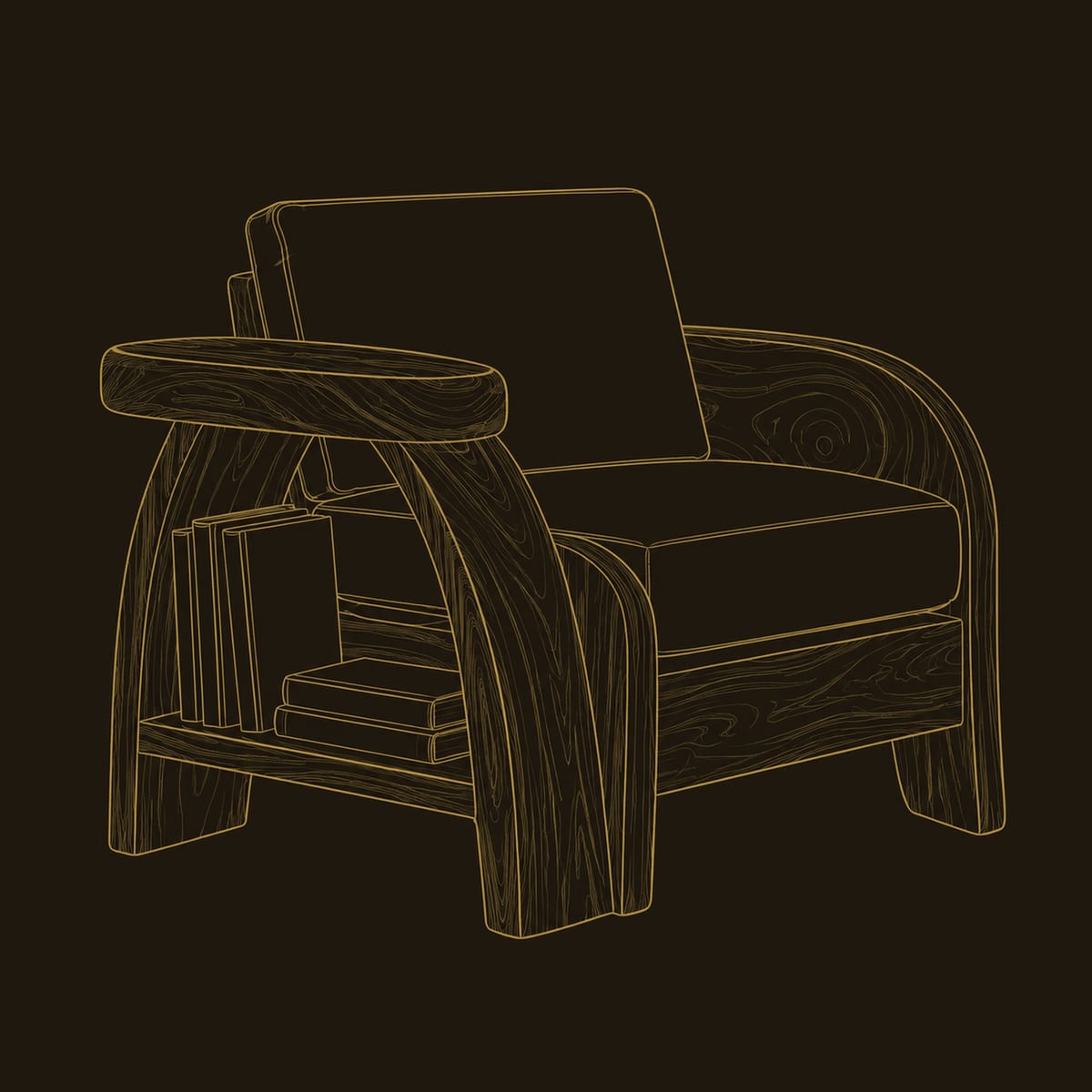 Sculpted Wood Chair With Oval Arm Ledge And Book Shelf dimension diagram