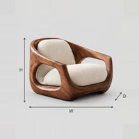 Sculpted Wood Shell Chair With Open Sides And Soft Cushions dimension diagram with width, height and depth