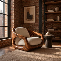 Sculpted wooden lounge chair with open sides and cream seat and back cushions in an industrial loft living room with exposed brick