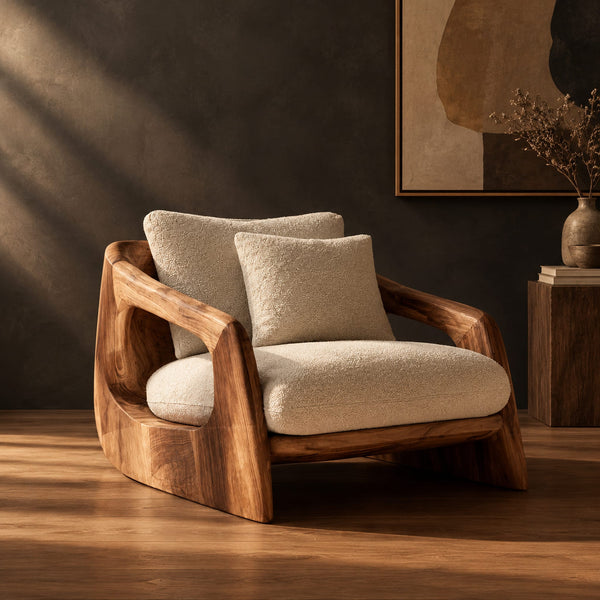 Sculpted Wood Shell Lounge Chair With Cream Cushions
