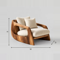 Sculpted Wood Shell Lounge Chair With Cream Cushions dimension diagram with width, height and depth