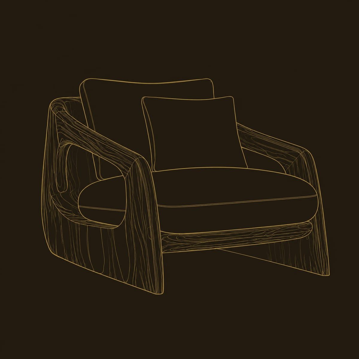 Sculpted Wood Shell Lounge Chair With Cream Cushions dimension diagram