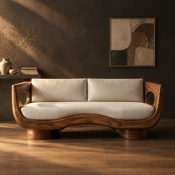 Sculpted Wood Shell Sofa With Oval Arm Cutouts And Drum Feet