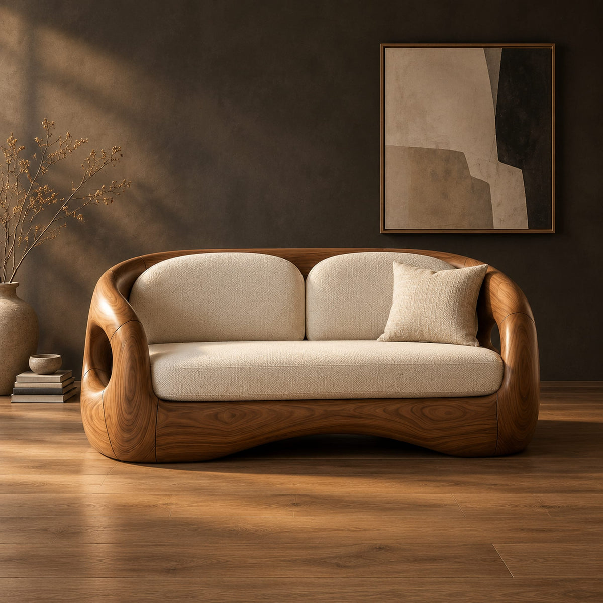 Carved wood shell sofa with oval arm openings and a cushioned seat in a dark studio against a charcoal plaster wall