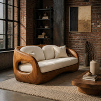 Carved wood shell sofa with oval arm openings and a cushioned seat in an industrial loft living room with exposed brick