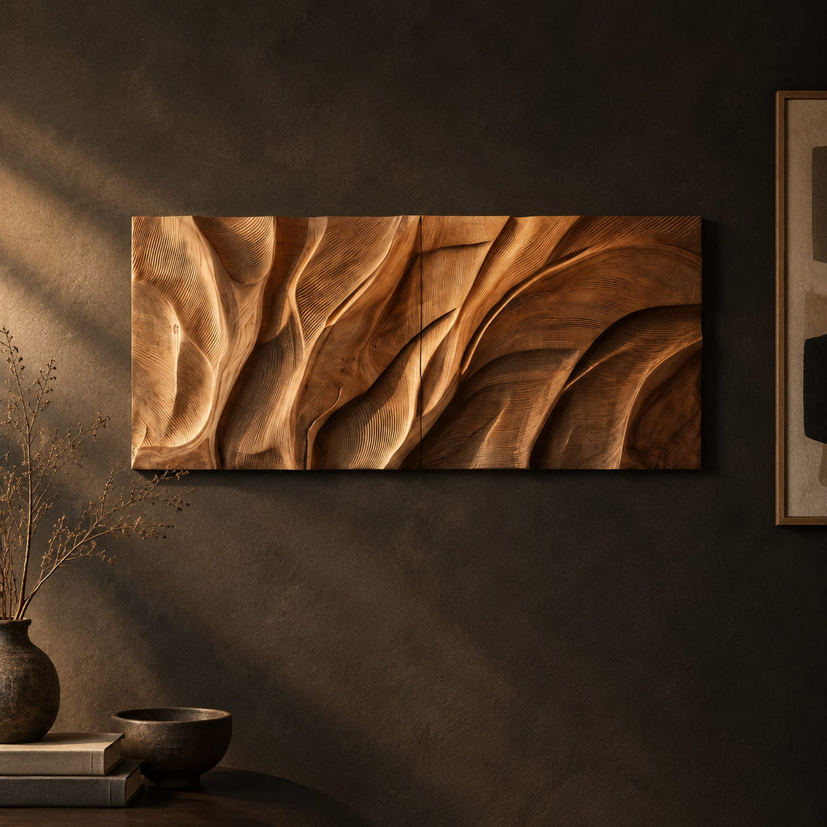 Wooden wall art panel with flowing carved ridges on a dark charcoal plaster wall