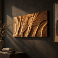 Wooden wall art panel with flowing carved ridges, three-quarter view showing the carved depth